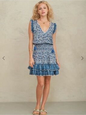 M.A.B.E. NWT Blue Floral V-Neck Smocked Waist Ruffle Mini Dress